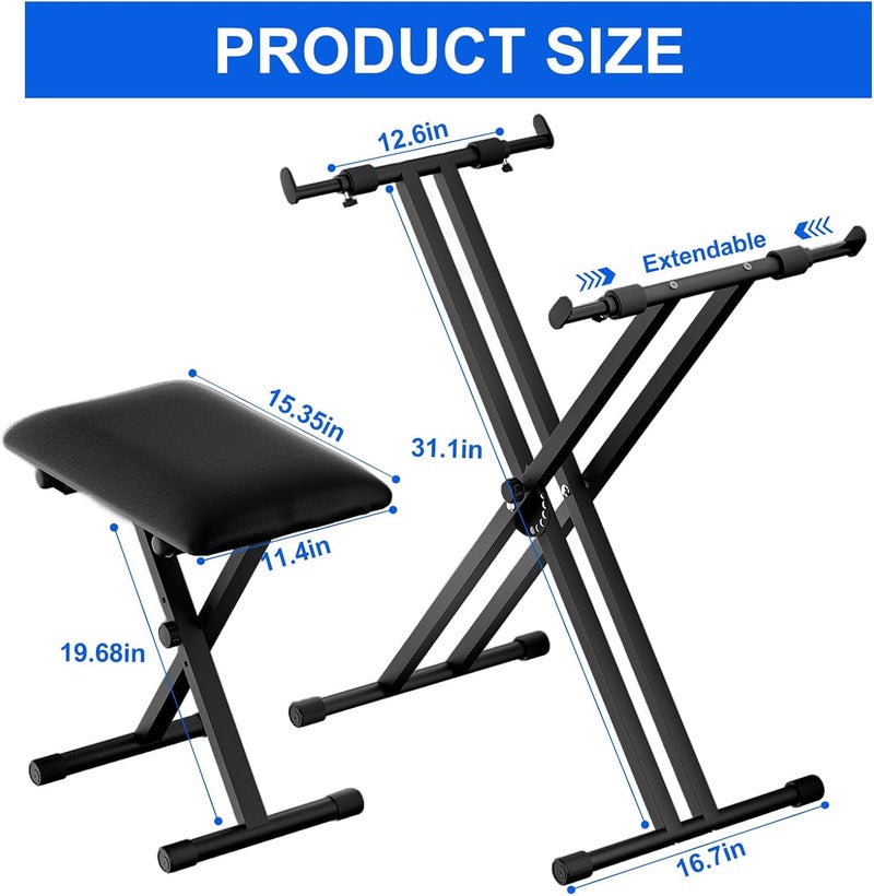 tipatyard Keyboard Stand & Bench Set, Upgrade Heavy Duty Double-X Keyboard Stand, Adjustable & Portable Digital Piano Stand with Limit Rod - Image 3